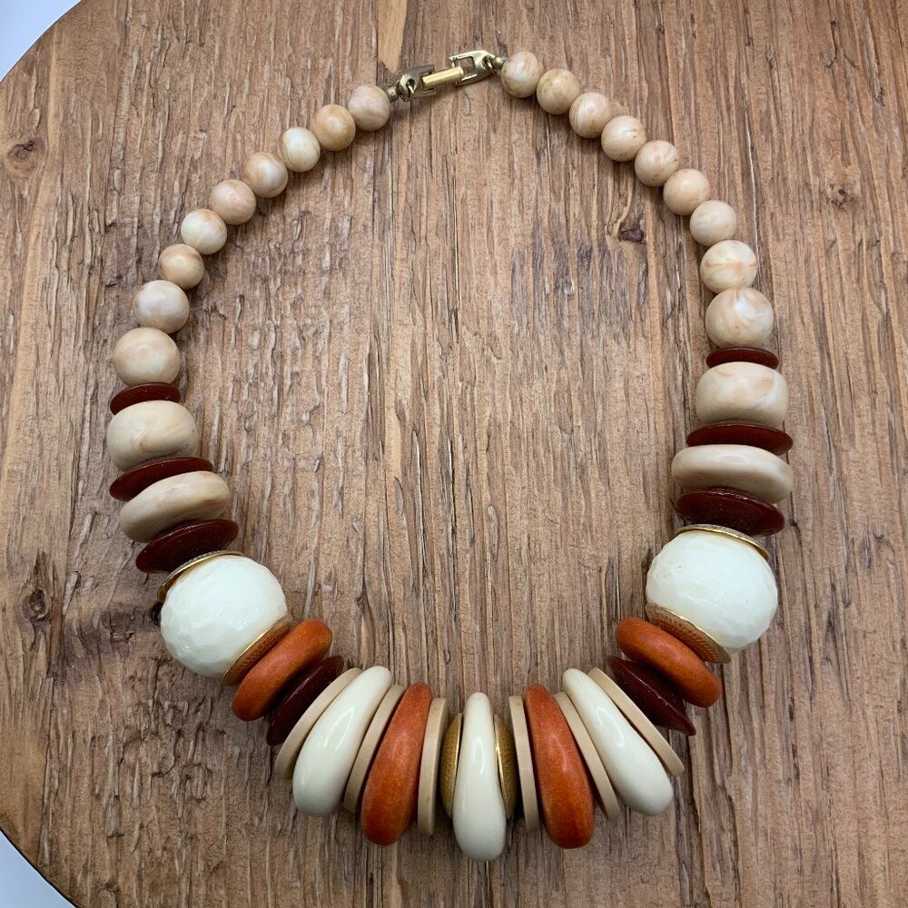 Cream Marbled Boho Mixed Beaded Vintage Chunky Necklace